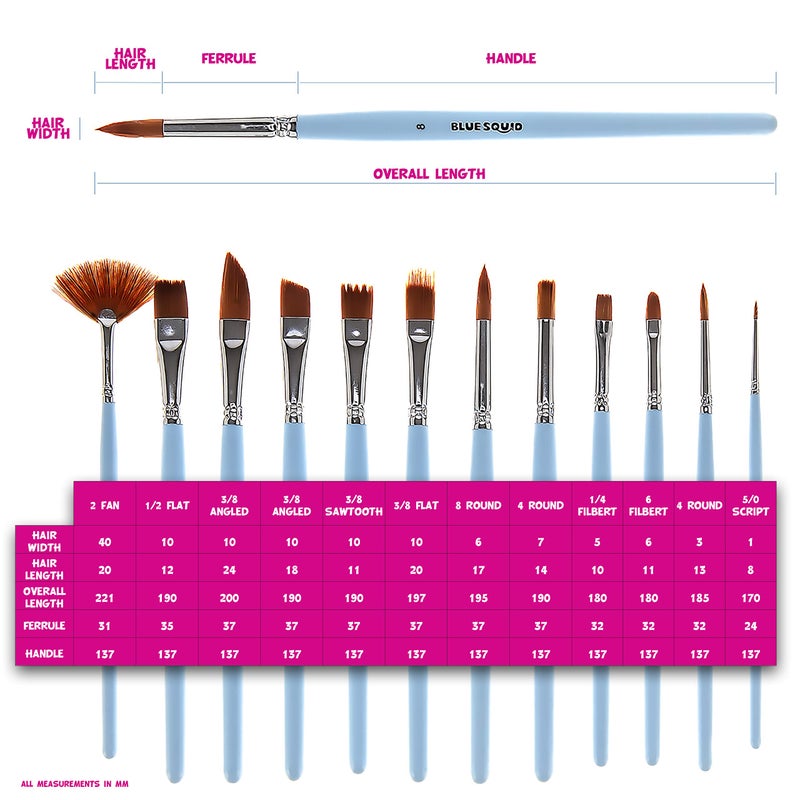 Blue Squid Watercolor Paint Brushes Set of 12 - Professional Artist Brush Set with Soft Synthetic Nylon Bristles - Art Brushes Ideal for Watercolor, Acrylic, Face & Body Painting for Kids to Adults - Image 4